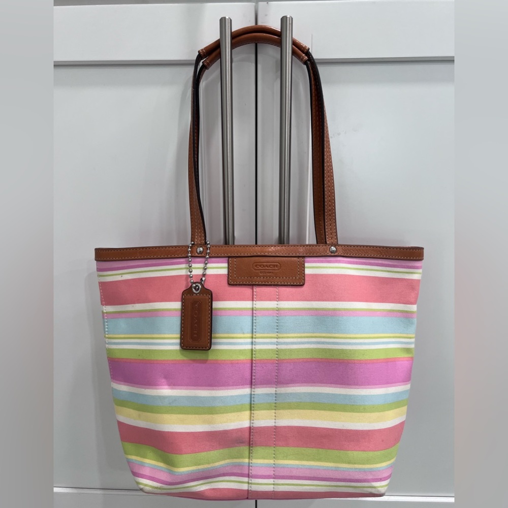 Coach Hampton Canvas Vintage Tote Bag Pastel Striped Leather Trim Y2K